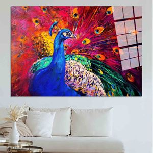 Toile imprimée : élégante œuvre d'art colorée représentant un paon pour une décoration moderne, ART SUR VERRE TÉRMÉTRAL - Product Image 1