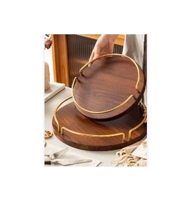 Bandeja de hierro y madera Bandeja redonda para servir Decoración Bandeja de almacenamiento rústica grande Cocina y comedor - Product Image 1