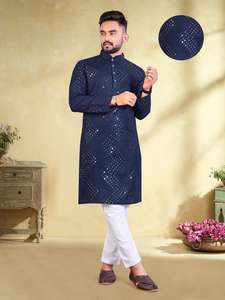 Kurta pour homme en coton lourd de qualité supérieure, couleur vive, pour mariage, fiançailles, occasions festives, avec travail de miroir, poche sur chaque côté - Product Image 2