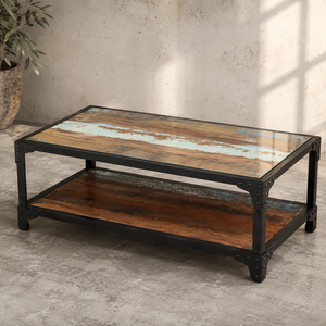 EXCLUSIVE AKKU FURNITURE America Table basse moderne vintage industrielle non pliable en bois massif récupéré noir naturel et fer - Product Image 1