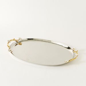 Plateau décoratif en métal argenté au design antique avec poignée florale dorée pour la restauration et la décoration intérieure Finition polie pour les cadeaux - Product Image 2