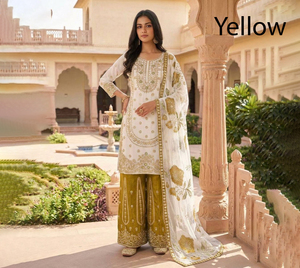 Salwar Kameez Amarillo con Bordado Floral y Dupatta, Traje Tradicional Indio para Bodas, Corte Regular para Mujer, Midi, Seda, Materiales Reciclados - Product Image 1