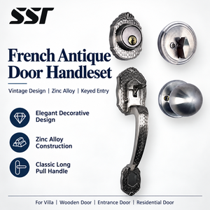 Juego de Manijas Antiguas de Aleación de Zinc para Puerta Principal, Estilo Francés, Decorativas, con Llave, Manija Larga para Puerta de Madera - Product Image 1