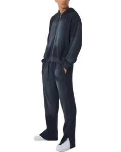 Chándales personalizados de lavado ácido con cremallera hasta 420 GSM traje de jogging de pierna recta sudadera desgastada sudaderas con capucha y pantalones de chándal conjuntos de hombres - Product Image 6