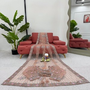 Mềm Net thêu Saree với unstitched Blouse chủ đề & sequin làm việc cho đám cưới và Dịp mặc, chất lượng xuất khẩu - Product Image 6