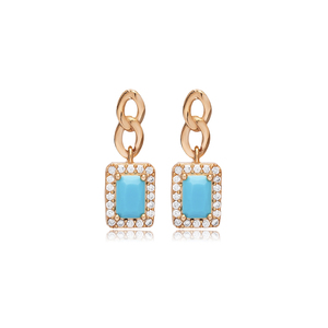 สี่เหลี่ยมผืนผ้าออกแบบ Turquoise CZ หินต่างหูเงินสตั๊ดตุรกีทําด้วยมือ 925 เงินสเตอร์ลิงเครื่องประดับ - Product Image 6
