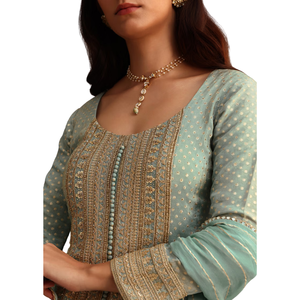Vente en gros Ensemble Kurti brodé vert menthe avec Dupatta Costume Palazzo ethnique pour femme OEM Vêtements Usine Fournisseur en vrac Vêtements - Product Image 4