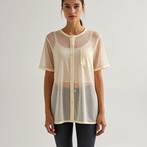 Camisa corta de malla transparente con botones para mujer, camisa transparente de manga larga con cuello vuelto, camisas cortas de malla transparente para mujer - Product Image 5