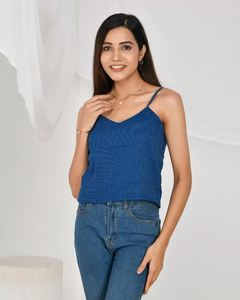 Top en coton bleu Berry Kantha, style spaghetti, uni, teinture unie, col en V, sans manches, longueur courte, tissu tricoté, cadeau pour elle - Product Image 1