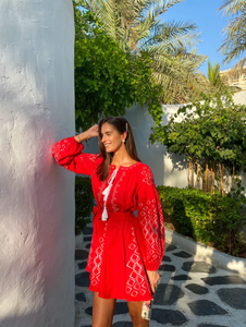 Nouveau concepteur personnalisé robe brodée été O cou manches longues couleur rouge motif imprimé une ligne longues robes ukrainiennes - Product Image 4