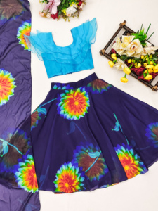 Shoryam Fashion Boutique, Lehenga Choli Azul para Niñas, Completamente Cosido, Largo hasta el Suelo, Estampado Floral Grande, Tela de Organza, Estilo Étnico para Fiestas - Product Image 2