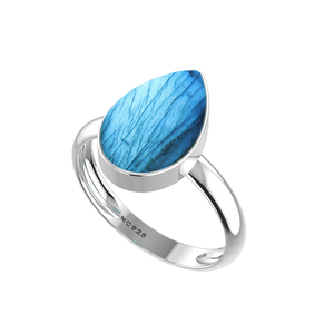 Bague de fiançailles unisexe en argent sterling 925, finition haut de gamme, sertie de labradorite naturelle, forme poire ovale, style classique, positif - Product Image 1