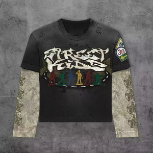 Camiseta de manga larga de algodón con cuello redondo para hombre, camiseta Retro de doble capa con gráficos DTG, camisetas de manga larga Y2K de doble capa - Product Image 6