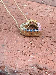 Multi Color Blue <b>Pink</b> Yellow Green Natural Sapphire Gemstone Heart Shape Pendant 10k Yellow Gold 18" Chain Valentine's <b>Necklace</b> - Product Image 5