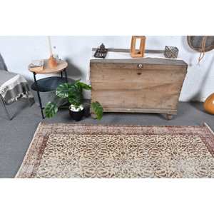 Tapis en laine turque vintage de 3.8x6,5 pieds, tissage plat en patchwork beige et marron avec support en latex pour les décorations de salon - Product Image 2