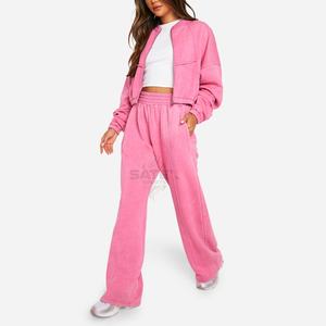 High Waist Hooded Casual Solid Zipper Acid Wash Tracksuit Women 2 <b>PC</b> <b>Set</b> Breathable - Product Image 2