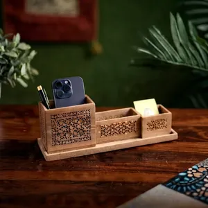 Mango Wood Desk Organizer Carved Pattern <b>Storage</b> Tray for Office Neatening Rectangle <b>Tabletop</b> Mount Minimalist Handmade - Product Image 1