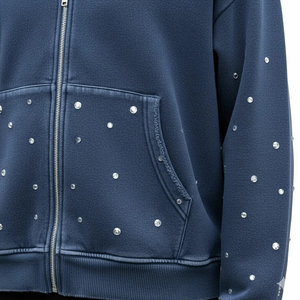 Custom Winter Solid OEM Service Hot Pressing Diamond Cropped Acid Wash Rhinestone 100% Cotton Fleece Quick Dry - Product Image 4