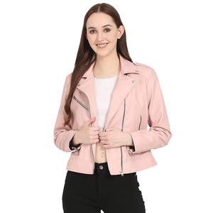 Venta al por mayor de alta calidad de color rosa liso con cremallera elegante con bolsillos para mujer Crop Top chaqueta de cuero chaquetas de invierno Softshell - Product Image 1