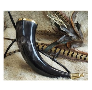 Top Latest Design Natural Handmade Drinking Horn with Leather Strap Handle Viking Cup with Horn Stand Luxury Style - Product Image 1