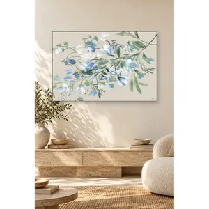 Impression sur toile Fida avec fond beige, branche de fleurs bleues et blanches - Product Image 2