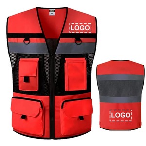 Gilet haute visibilité pour hommes Vêtements de travail pour la construction routière Gilet de sécurité personnalisé Logo réfléchissant rouge Texte Tissu en cuir Poches - Product Image 1