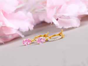 Boucles d'oreilles pendantes en argent sterling 925 plaqué or 14 carats avec saphir rose et diamants, bijoux de mariée pour femmes - Product Image 2