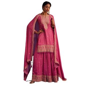 Ensemble Palazzo Bandhani Chinon rose vente en gros de vêtements ethniques pour femmes Usine de vêtements OEM Fournisseur en gros Tenue de fête de festival personnalisée - Product Image 4