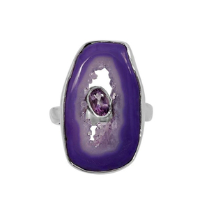 Agate violette naturelle avec améthyste bague ovale en pierres précieuses bijoux bague en argent sterling 925 sertissage de lunette bague plaquée argent - Product Image 1