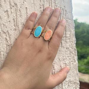 แหวนทองเหลืองชุบทอง 18k ประดับด้วยหินอาเกตดูร์ซี่น้ำตาลธรรมชาติทำมือ สีฟ้าคราม  สำหรับผู้แพ้ง่าย  เครื่องประดับแฟชั่น - Product Image 5