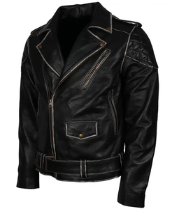 Venta caliente de los hombres Slim Fit Biker Jacket Nuevo producto-Cuero negro desgastado con cremallera de marca para montar en bicicleta de invierno - Product Image 2