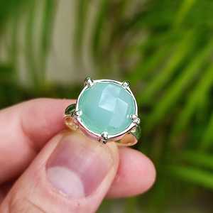 925 Sterling Silver Handmade Women's <b>Ring</b> Natural Aqua Chalcedony Inlay Boho Style <b>Statement</b> <b>Ring</b> Gift for Her - Product Image 2