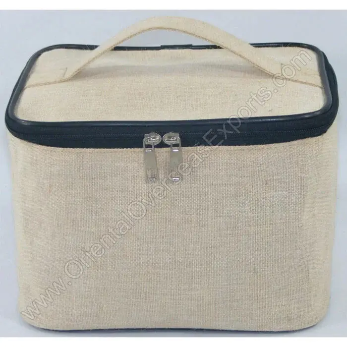 Jute Cotton spacious Vanity Bag Custom made Cosmetic Makeup Bag Small Storage Bag with Handle and Zip Top Closure and logo print