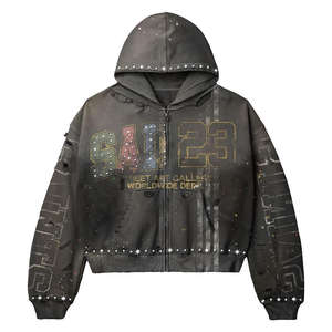 Conjunto de Sudadera con Capucha y Pantalones Deportivos con Estampado DTG, Diseño Desgastado y Decolorado por el Sol, con Pedrería y Cremallera - Product Image 2