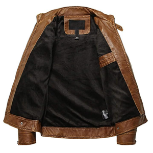 แจ็กเก็ตหนังแท้สไตล์นักขี่จักรยานแนววินเทจคอตั้งมีซิปเรียบและหมุดย้ำไซส์ใหญ่ - Product Image 2