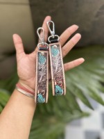 Vente en gros, nouveauté, porte-clés en cuir usiné à la main, véritable poignet en cuir véritable, couleur turquoise, porte-clés à la mode