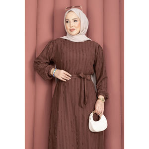 Zaranur Elegante Vestido Diario Modesto de Silueta Holgada Natural con Cinturón Desmontable Color Café, Liso, Lavable, Hasta la Rodilla, para Primavera, ODM - Product Image 2