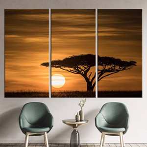 Tableau imprimé sur toile Paysage du lever du soleil du Serengeti pour salon, 3P : encadré - Product Image 1