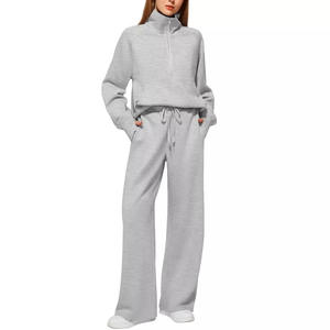 Autumn Women's High Quality 2-Piece Casual Tracksuit Solid Pattern Lapel Half Zip <b>Sweatshirts</b> with Wide Leg Pants Factory Price - Product Image 2