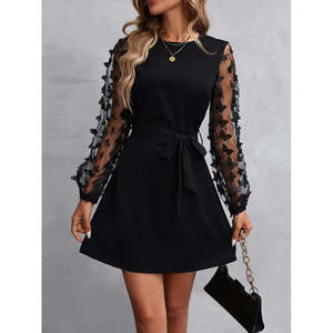 Robe à manches longues pour femme, col rond, avec manches en tulle et détail papillon, robe en crêpe importée, 36560 - Noir - Product Image 1
