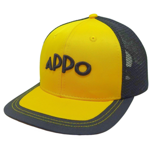 6แผงหมวกทรูเกอร์แบบสั่งทำ3D โลโก้แบบมีขอบแบนสีดำและสีเหลืองแบบตาข่ายเย็บสีตัดกันหัวเข็มขัดกระดุมแถวเดียวทำจากพลาสติก - Product Image 1