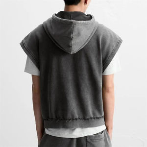 Custom Logo Men <b>Hoodies</b> Without Sleeve Vintage Acid Wash Black Cut Edges Hoodie Streetwear Distressed <b>Sleeveless</b> <b>Hoodies</b> wear - Product Image 3