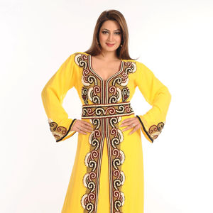 Yellow Zari Work Stones & Beads Embellish Georgette Estilo islámico Arabian Maxi Partywear Kaftan - Product Image 1
