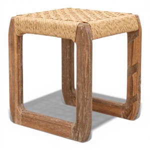 Taburete de Madera de Teca Reciclada con Asiento de Cuerda Tejida a Mano, Taburete de Madera Rústico Hecho a Mano para Sala de Estar, Dormitorio, Baño y Decoración del Hogar - Product Image 3