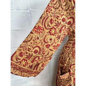 Boho Vintage <b>Silk</b> Sari Dressing Gown Recycled Robe Kimono Beach Cover-up Beige <b>Red</b> Bridesmaid Anniversary Swimsuit Cover Ups - Product Image 4