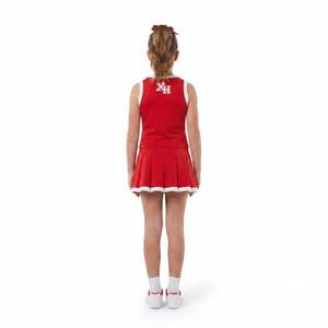Ensemble d'uniforme de cheerleading personnalisé haut de gamme pour jeunes, avec haut à col en V, jupe plissée et culotte intégrée, en sergé rouge et blanc, OEM - Product Image 2