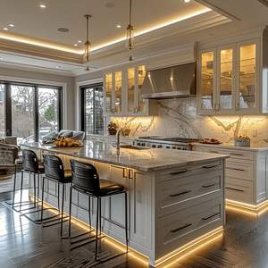 Conception de cuisine d'îlot de luxe avec plan de travail en marbre, éclairage élégant, rangement haut de gamme et style d'intérieur moderne classique - Product Image 4