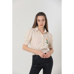 Camisa Elegante para Mujer TOPSHOW, Color Taupe, Mezcla de Lino Bordado, Blusa Casual de Algodón y Poliéster con Detalle de Bolsillo, Venta al Por Mayor - Product Image 2