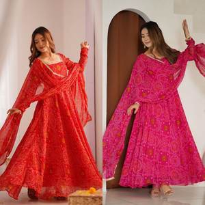 All Over Bandhni Travail Broderie à la Main Style Gujarati Look Élégant Long Chiffon Kurti Avec Ensemble Dupatta Assorti Vente en Gros - Product Image 5