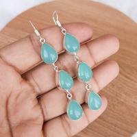 Boucles d'oreilles pendantes en calcédoine aquatique multi-pierres, fil d'oreille plaqué argent 925, goutte de cristal, faites à la main, bijoux de luxe pour mariage, fête, style bohème